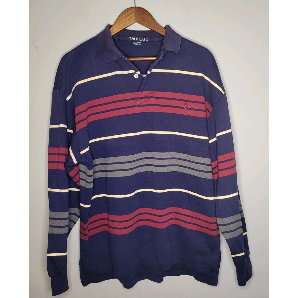 VINTAGE 90s NAUTICA‎ Polo Shirt Mens Large Rugby Heavyweight Striped Red Blue - Picture 13 of 14